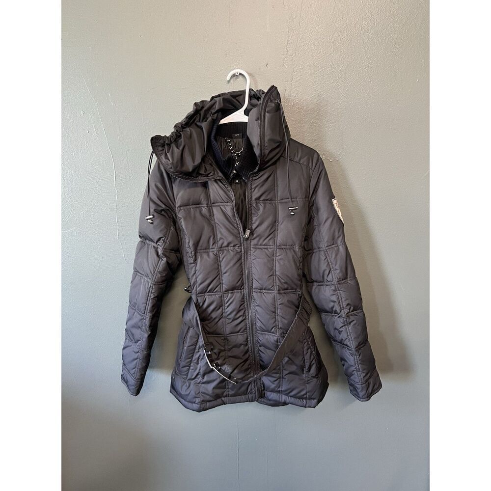 Coogi Womens Black Full Zip Quilted Puffer Jacket Mock Neck Hooded Size Medium